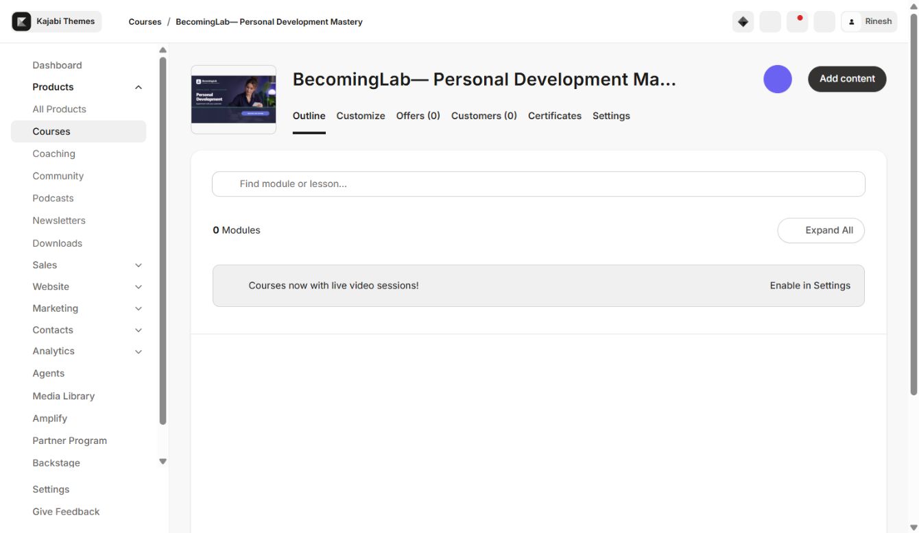 BecomingLab course outline and content states.