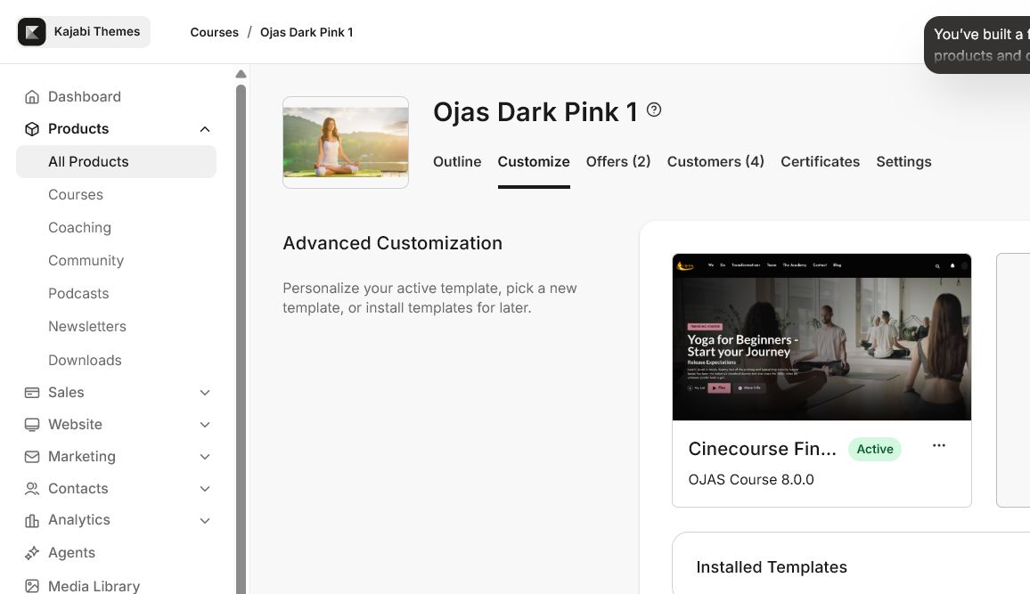 The Customize tab shows the active template and other installed templates.