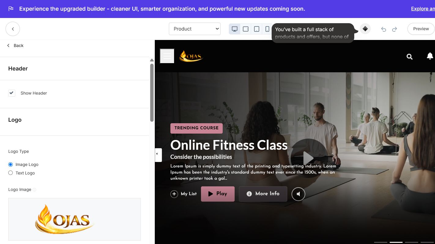 Header settings include logo type, logo height, logo action, navigation link list, user-menu labels, and announcement.