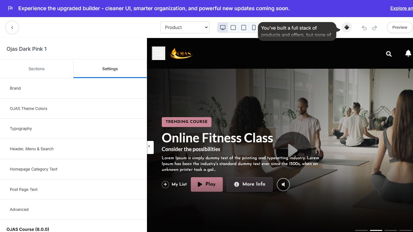 Global settings include Brand, theme colors, typography, header and menu, homepage text, post text, and advanced options.