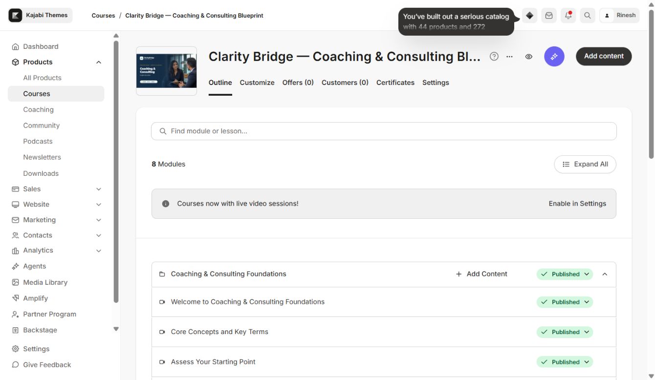 Clarity Bridge course outline used to verify real modules and content states.
