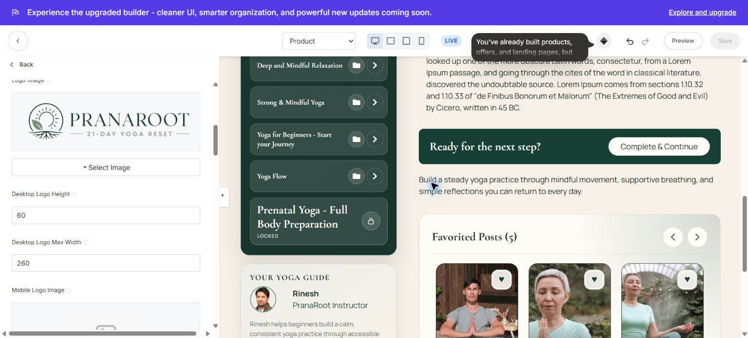 Kajabi's Course template editor with Ojas Aura settings and the live preview canvas.