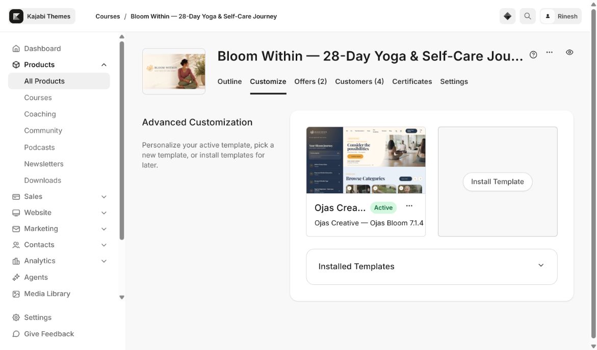 Ojas Creative — Ojas Bloom 7.1.4 installed in the selected Kajabi Course.