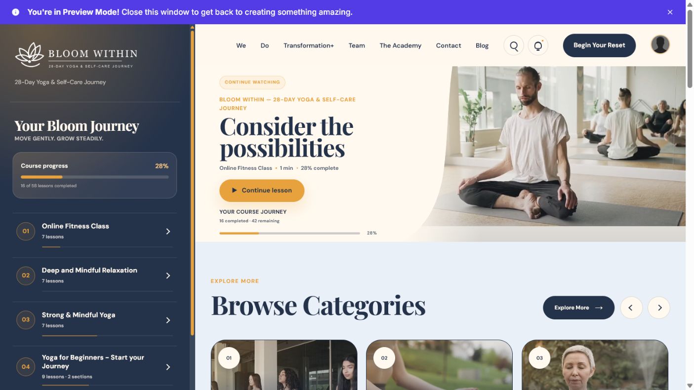A real Ojas Bloom member homepage using Bloom Within demonstration content.