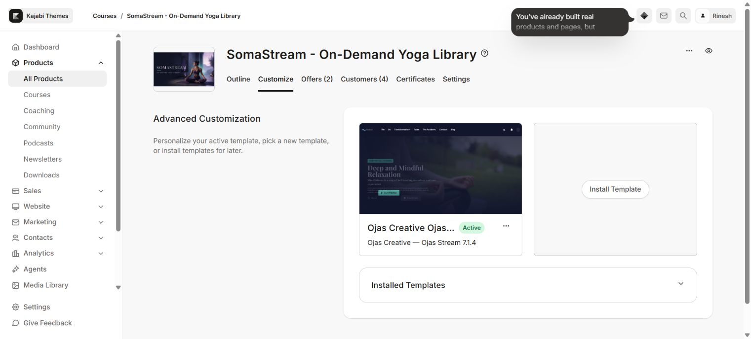Install and activate Ojas Stream inside the selected Kajabi Course.