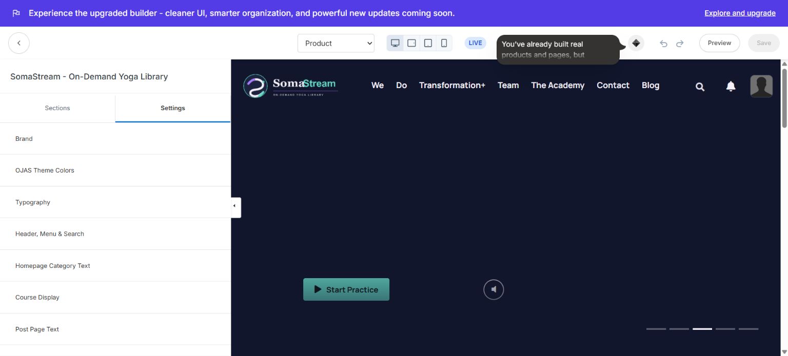 Global settings control brand, typography, labels, Course display and advanced behavior.