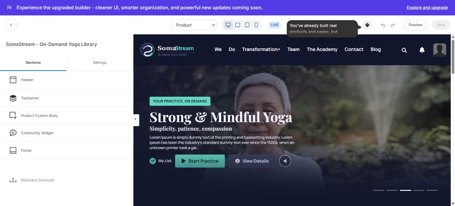 The Ojas Stream editor separates page sections from global settings.