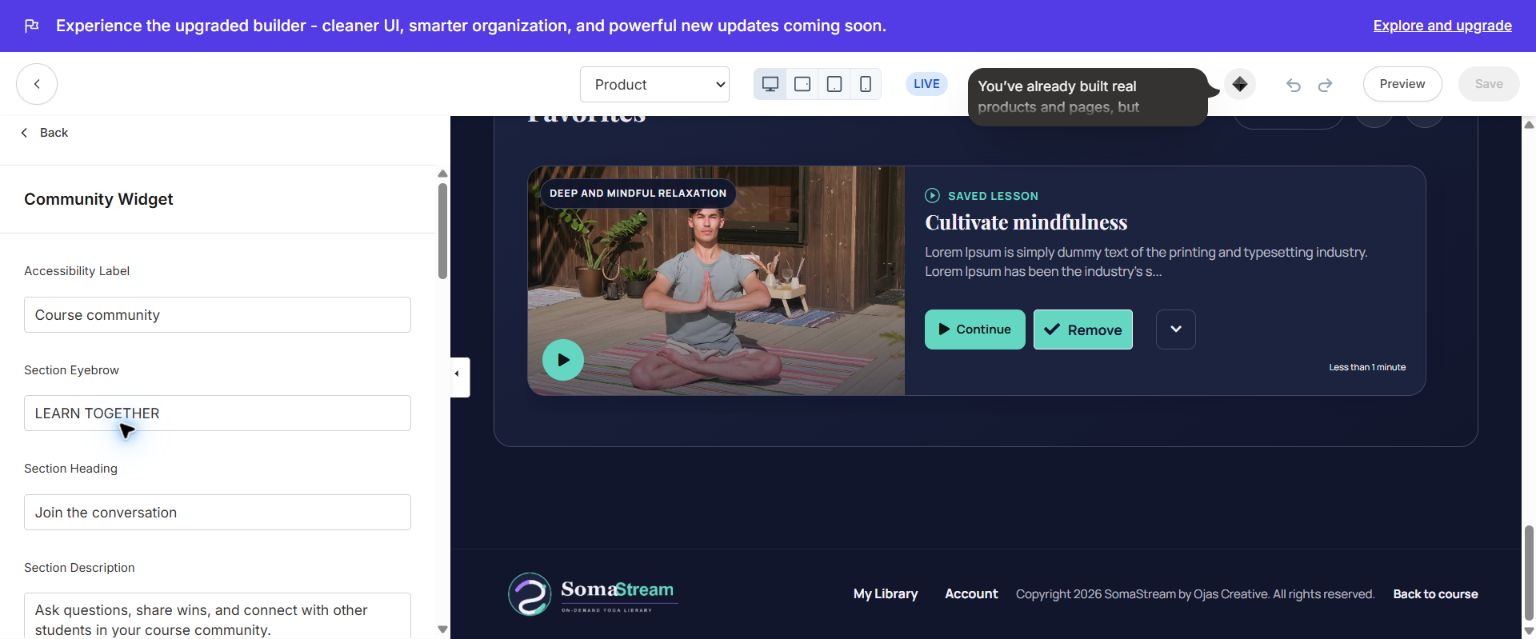 Choose the Kajabi channel and configure Community labels and empty states.