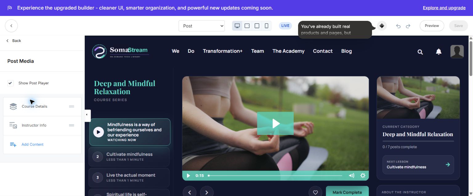Post Media controls the player, Course details, instructor information and supporting media.