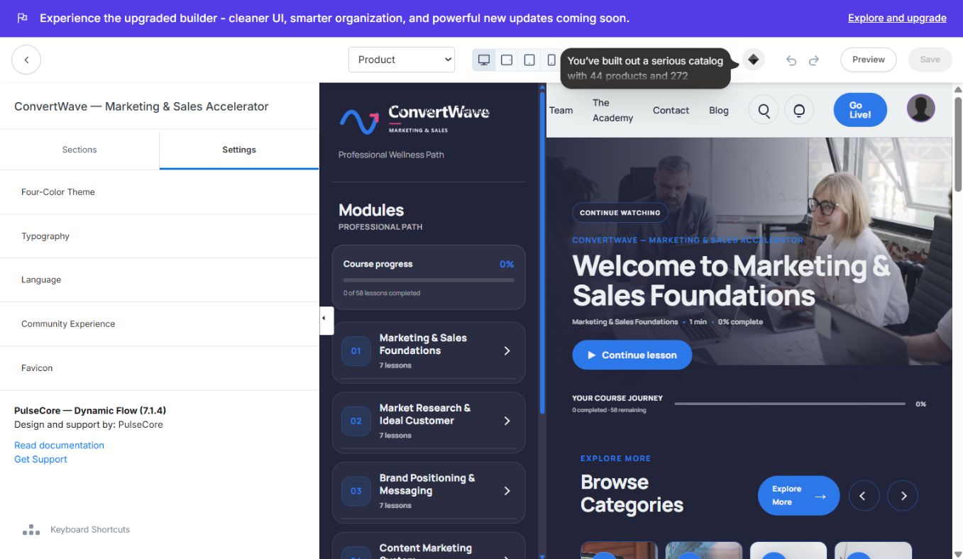 PulseCore sections and live Course preview.